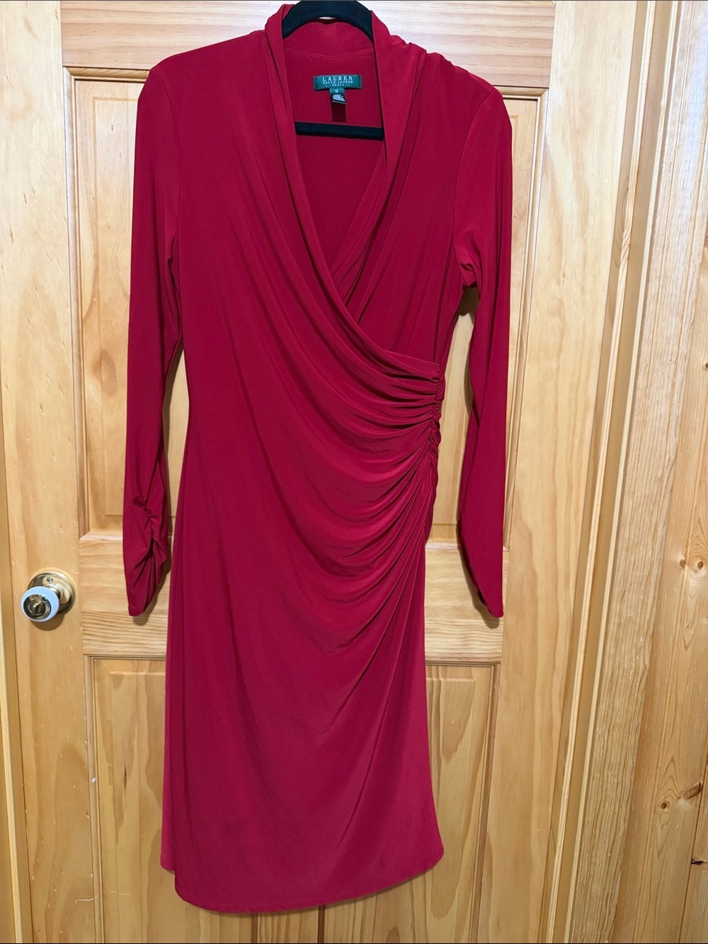Ralph Lauren Crimson Red Formal Draped Rouched Side, Long Sleeve Faux Wrap Dress